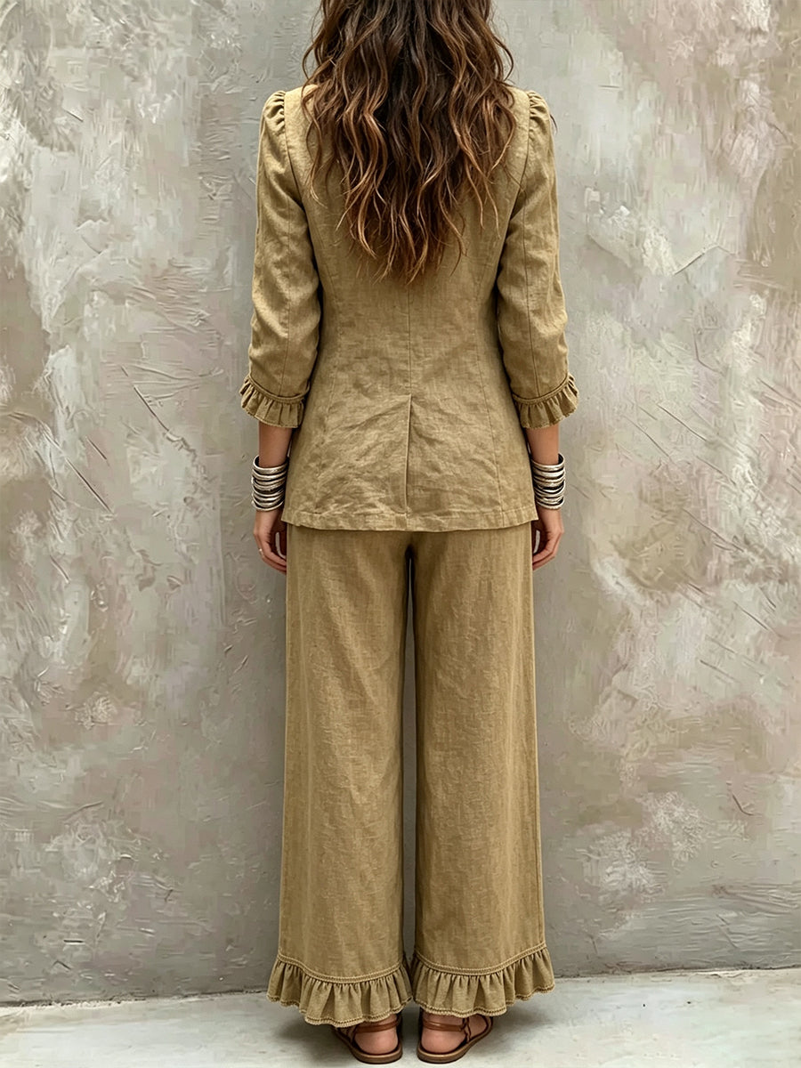 Casual Linen-cotton Blazer With Ruffle Details