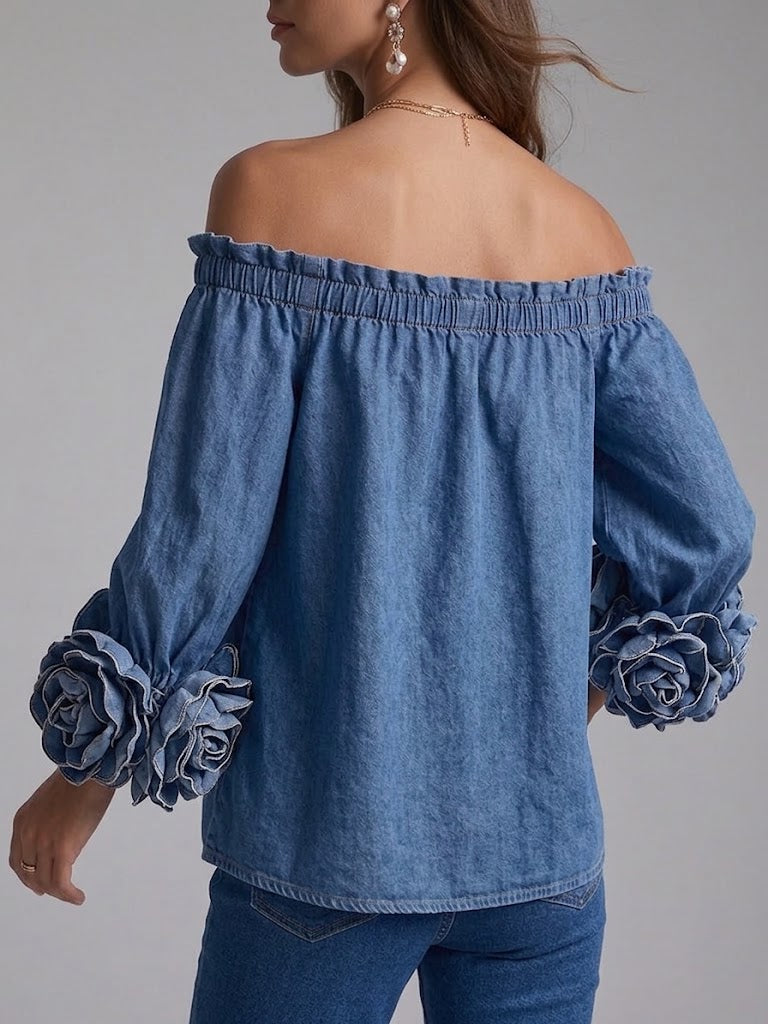 Stylish Off-shoulder Denim Top With 3d Floral Details