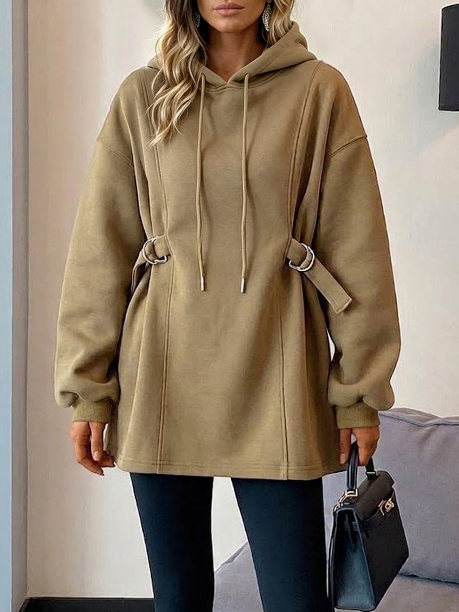 Stylish And Casual Long Hooded Sweatshirt With Adjustable Waist Buckle