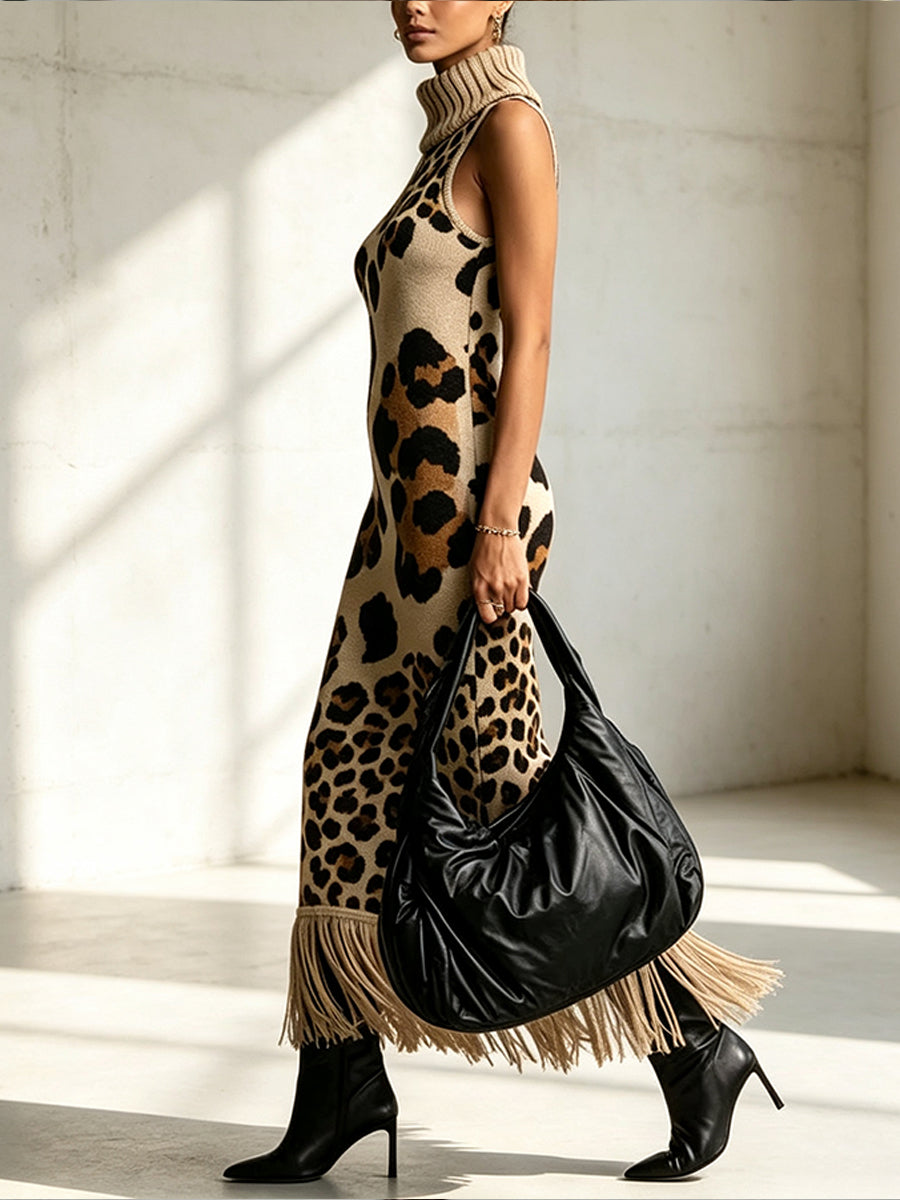 Bohemian Leopard-print Sleeveless Turtleneck Knit Midi Dress