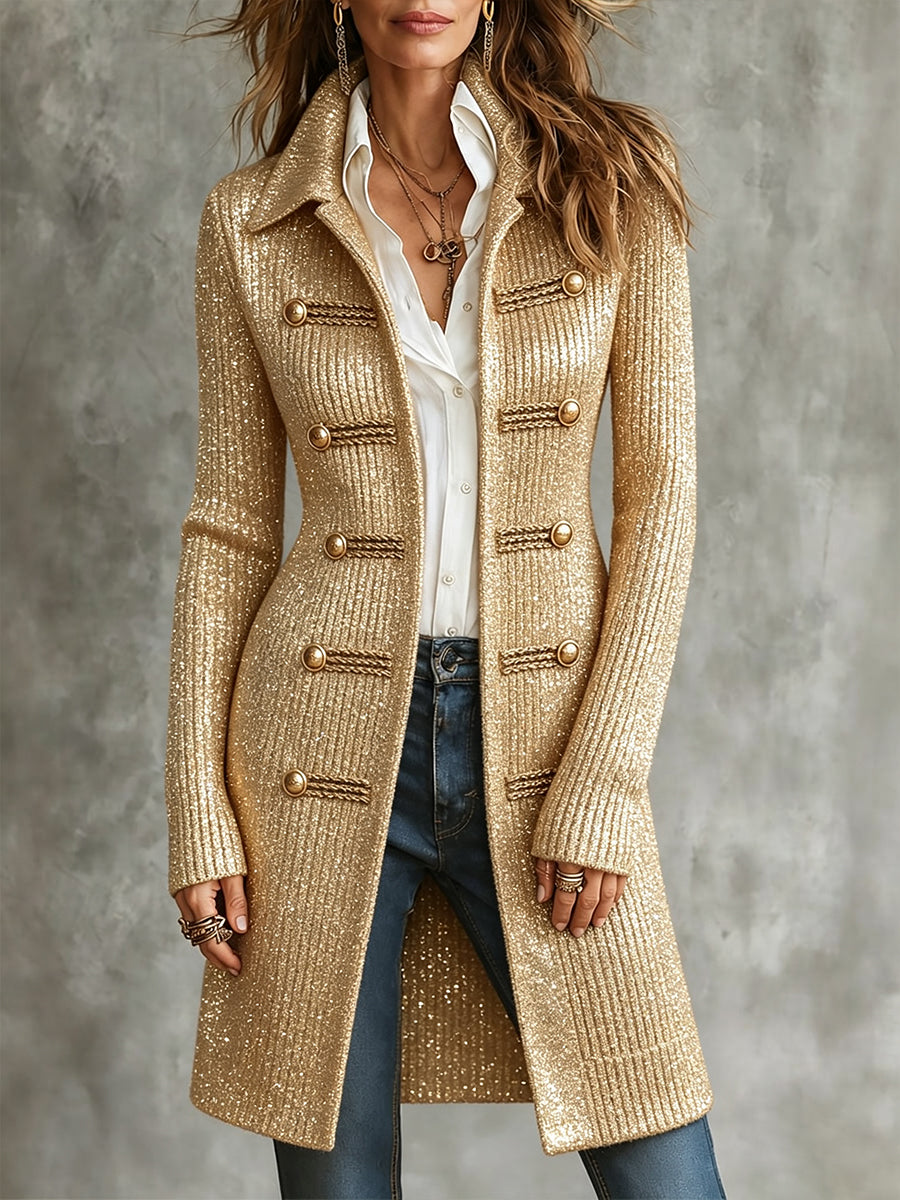 Chic Shimmer Ribbed Knit Long Cardigan