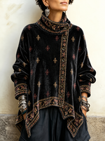 Vintage Black Velvet Fleur-de-lis Asymmetric Button Tunic with Funnel Neck