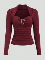 Stylish Casual Burgundy Long-sleeve Knit Top With Heart-shaped Neckline