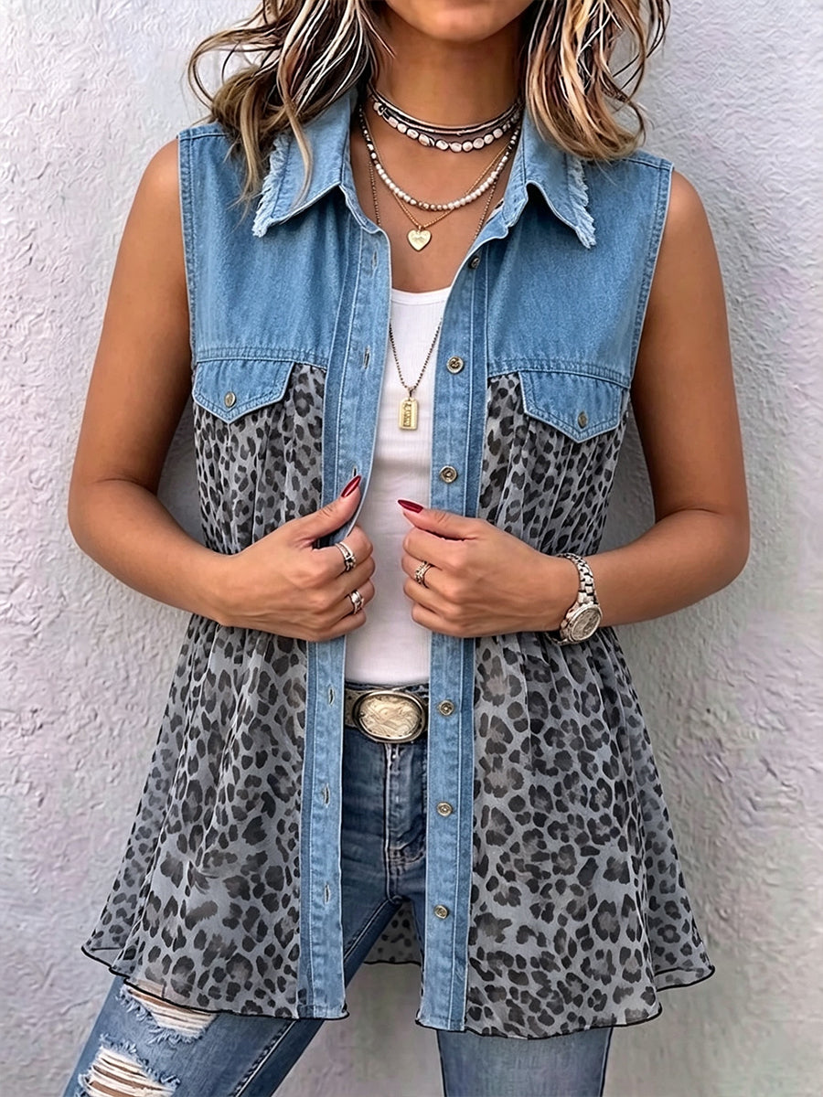 Casual Patchwork Leopard-print Denim Vest