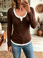 Chic Ribbed Knit Top Featuring A White Knit "faux-layered" Panel Design.
