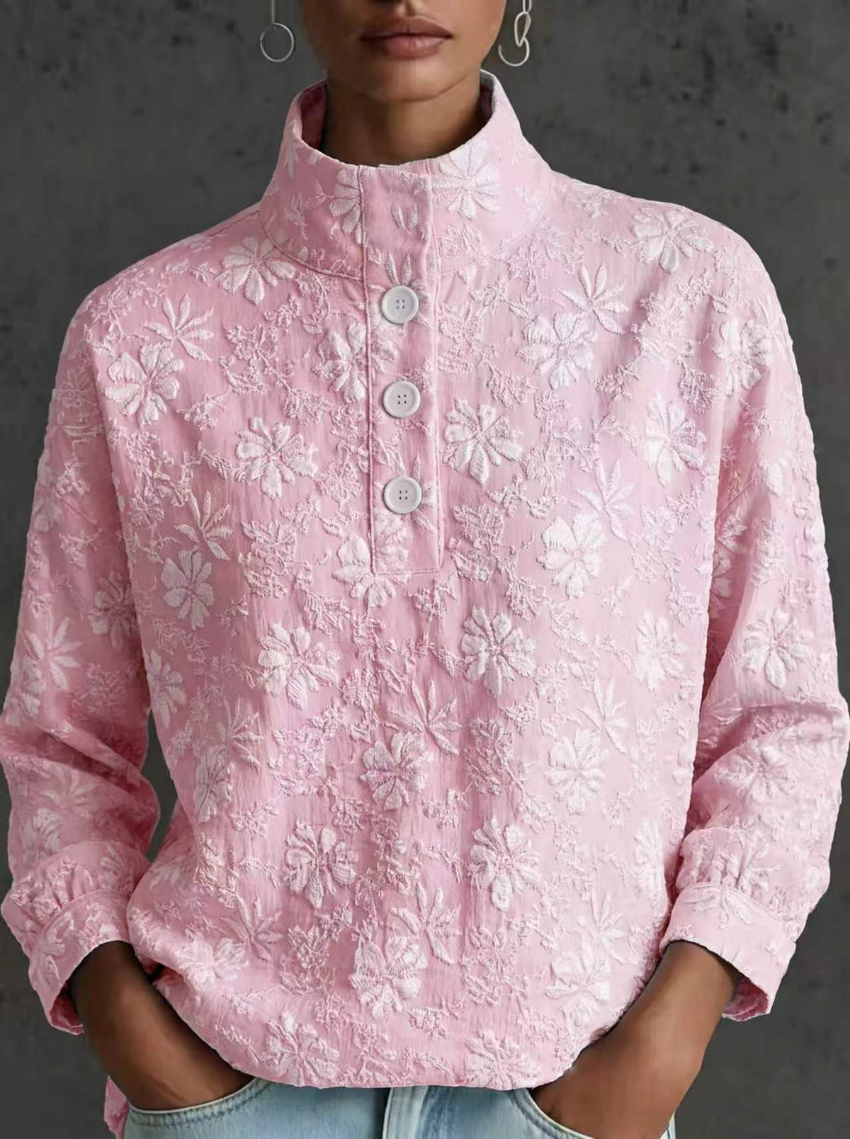 Elegant Floral Textured Mock-Neck Blouse
