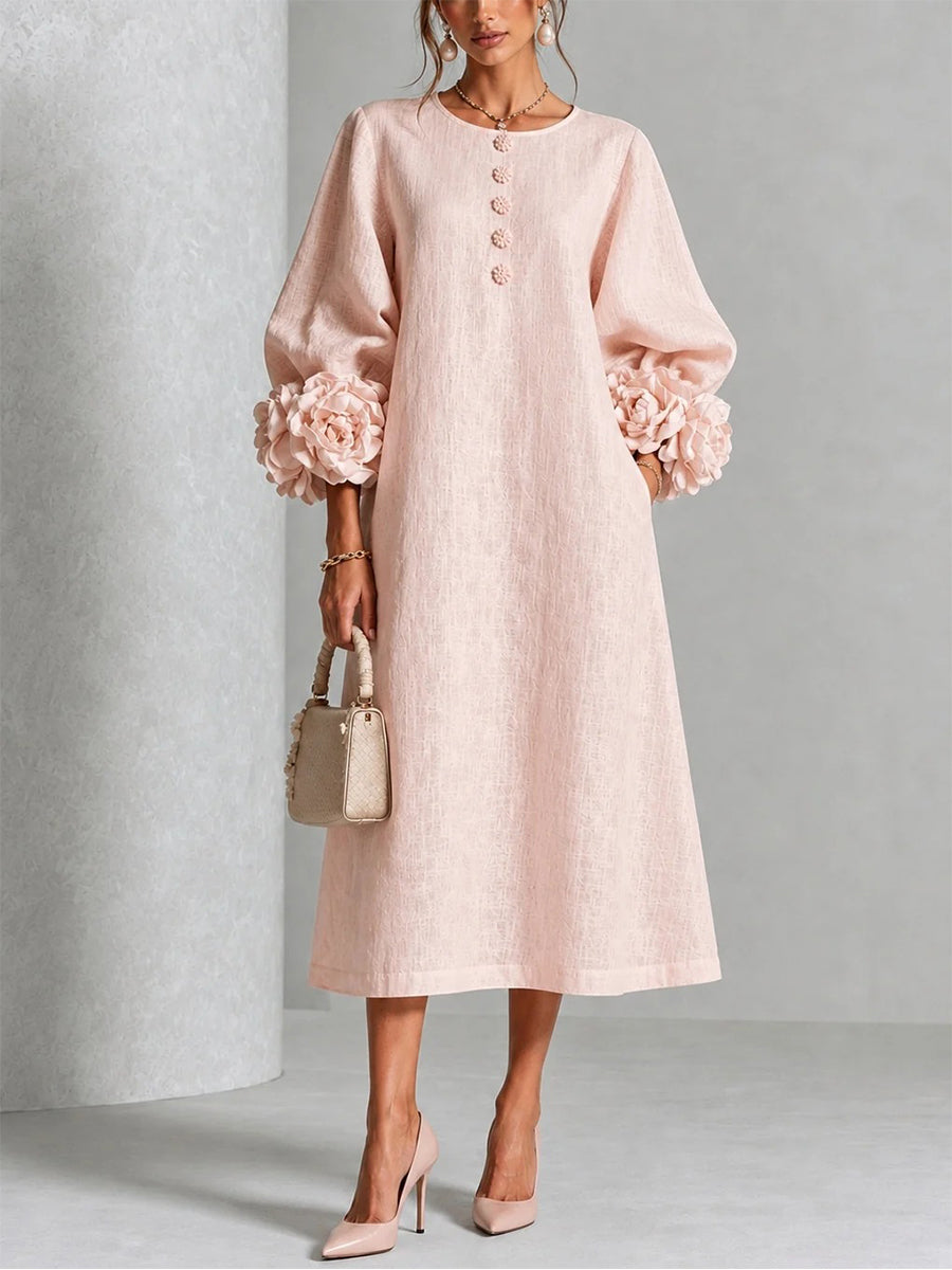 Elegant Blush Pink 3D Rosette Midi Dress