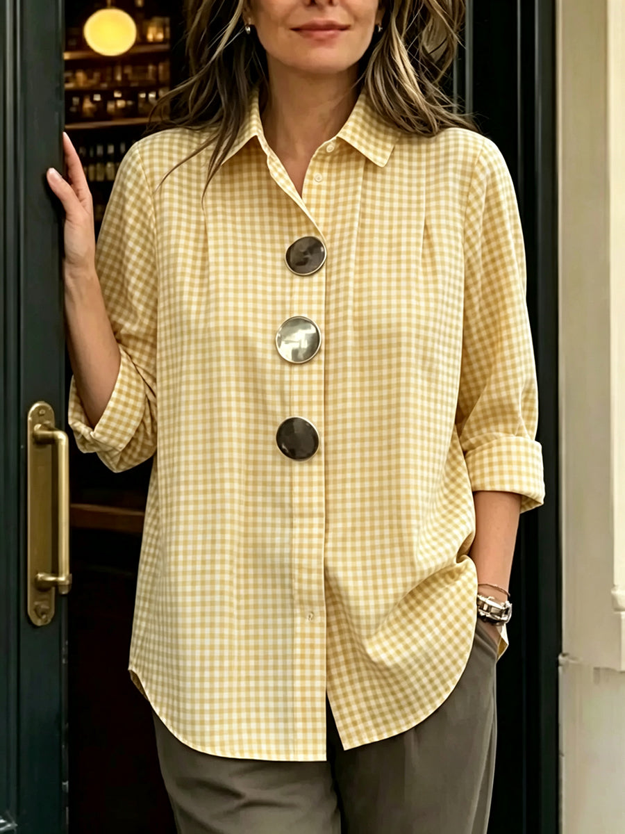 Retro Casual Plaid Cotton Shirt With Decorative Metal Buttons