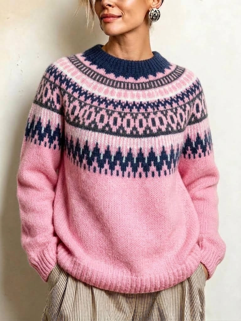 Stylish, Loose-fitting, Color-block Knit Pullover With A Round Neck
