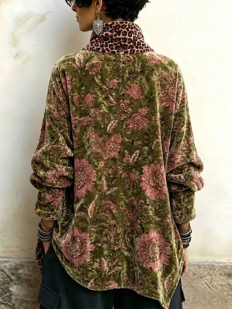 Leopard And Floral Print Velvet Asymmetric Button-front High-neck Top
