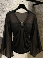 Chic Ring-Accented Sheer Sleeve V-Neck Top
