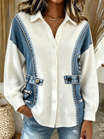 Casual Chic 3d Faux-denim Printed Ribbed Knit Top