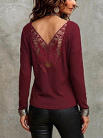 Solid-color Long-sleeve Ribbed T-shirt With Butterfly-floral Back Paneling