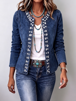 Elegant Rhinestone Trim Stretch Denim Jacket