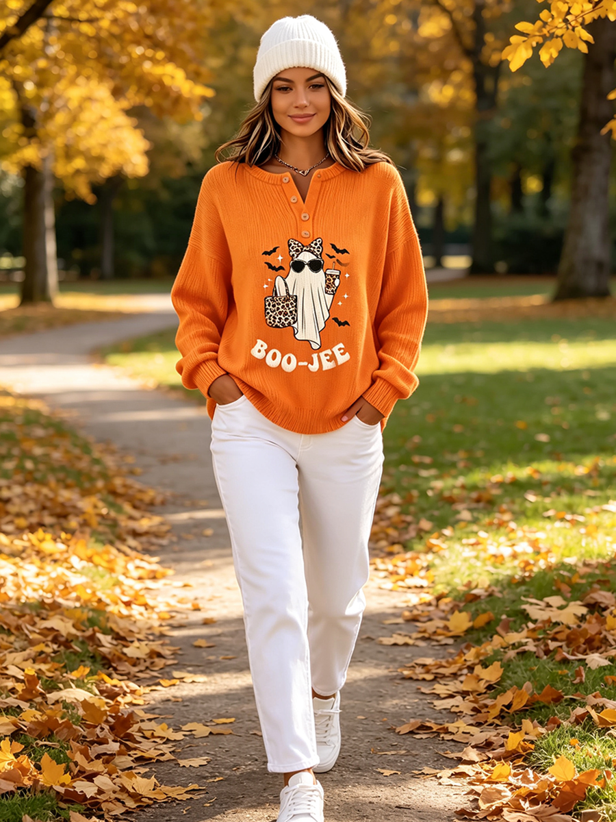 Chic Orange Ghost Graphic Button-up Knit Sweater.