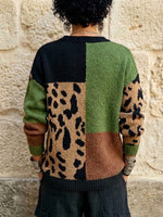Color-block Leopard Print Crew-neck Knit Sweater With A Pocket