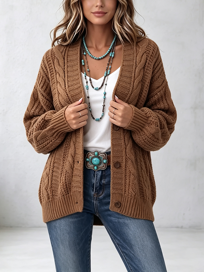 Retro Western Cable Knit Oversized Cardigan Sweater