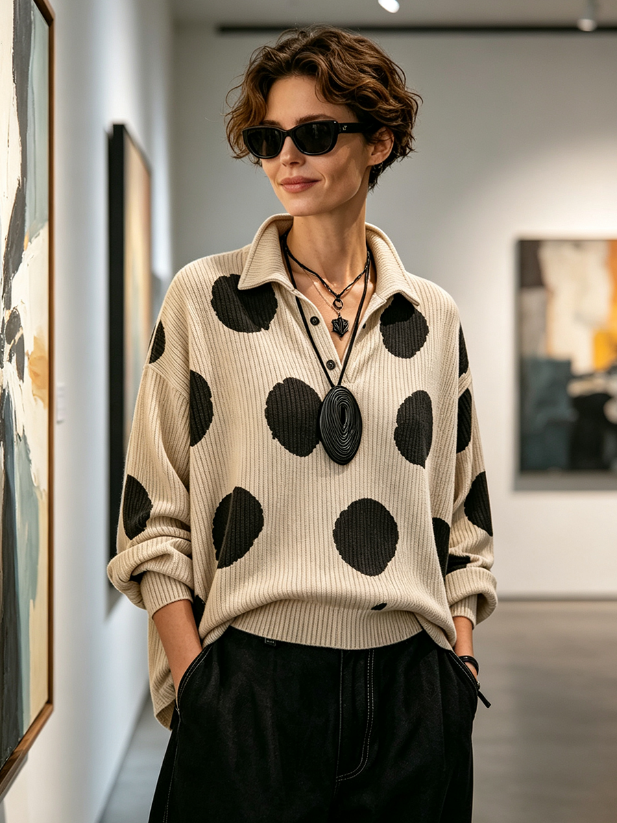 Cozy Oversized Polka Dot Lapel Collar Knit Top