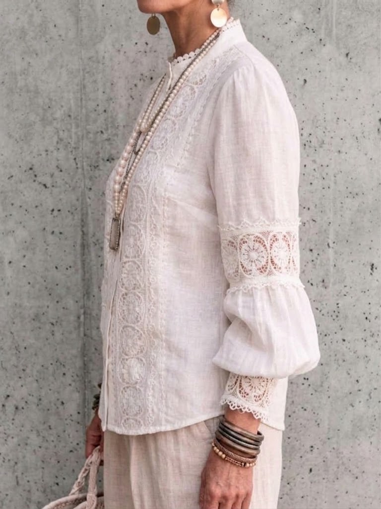 Stand-collar Shirt With Lace Panels And Lantern Sleeves