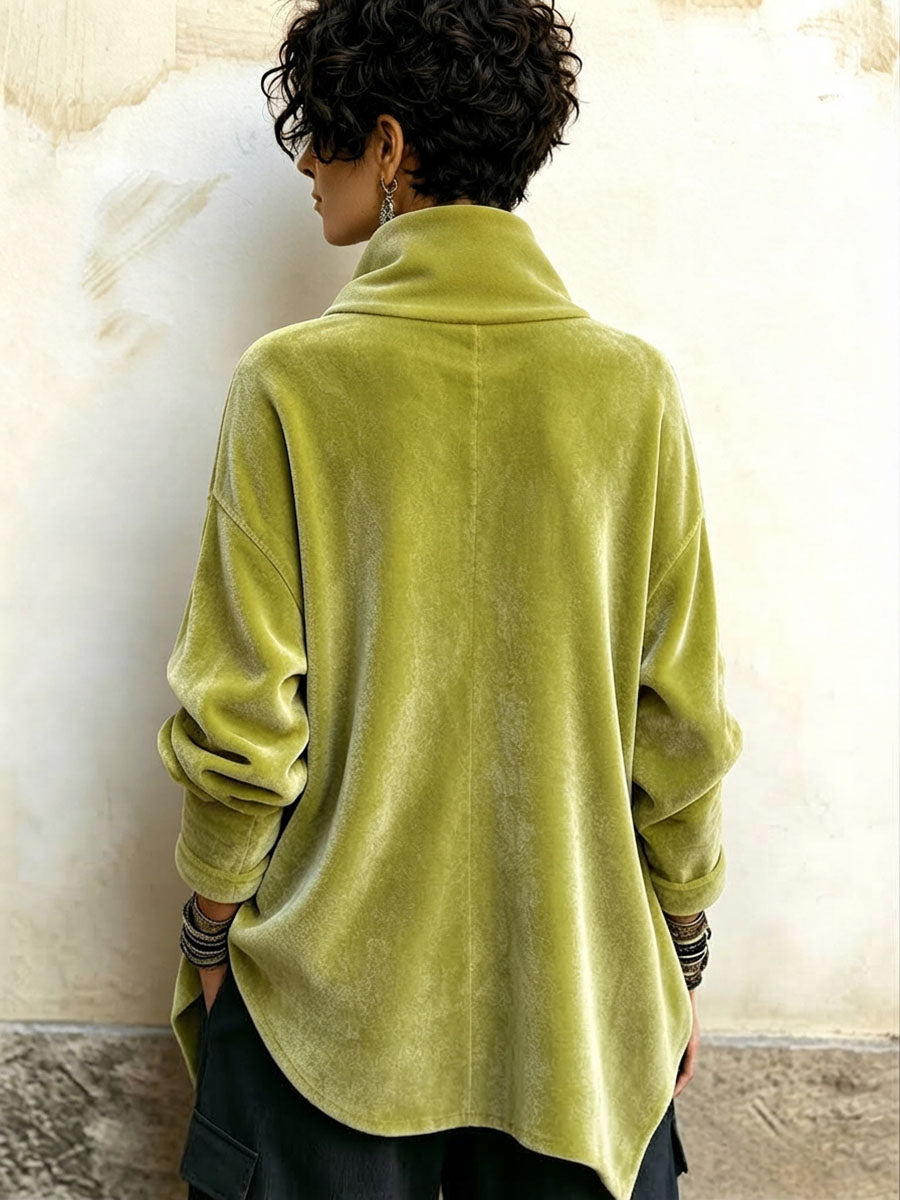 Chic Velvet Asymmetric Button Turtleneck Top