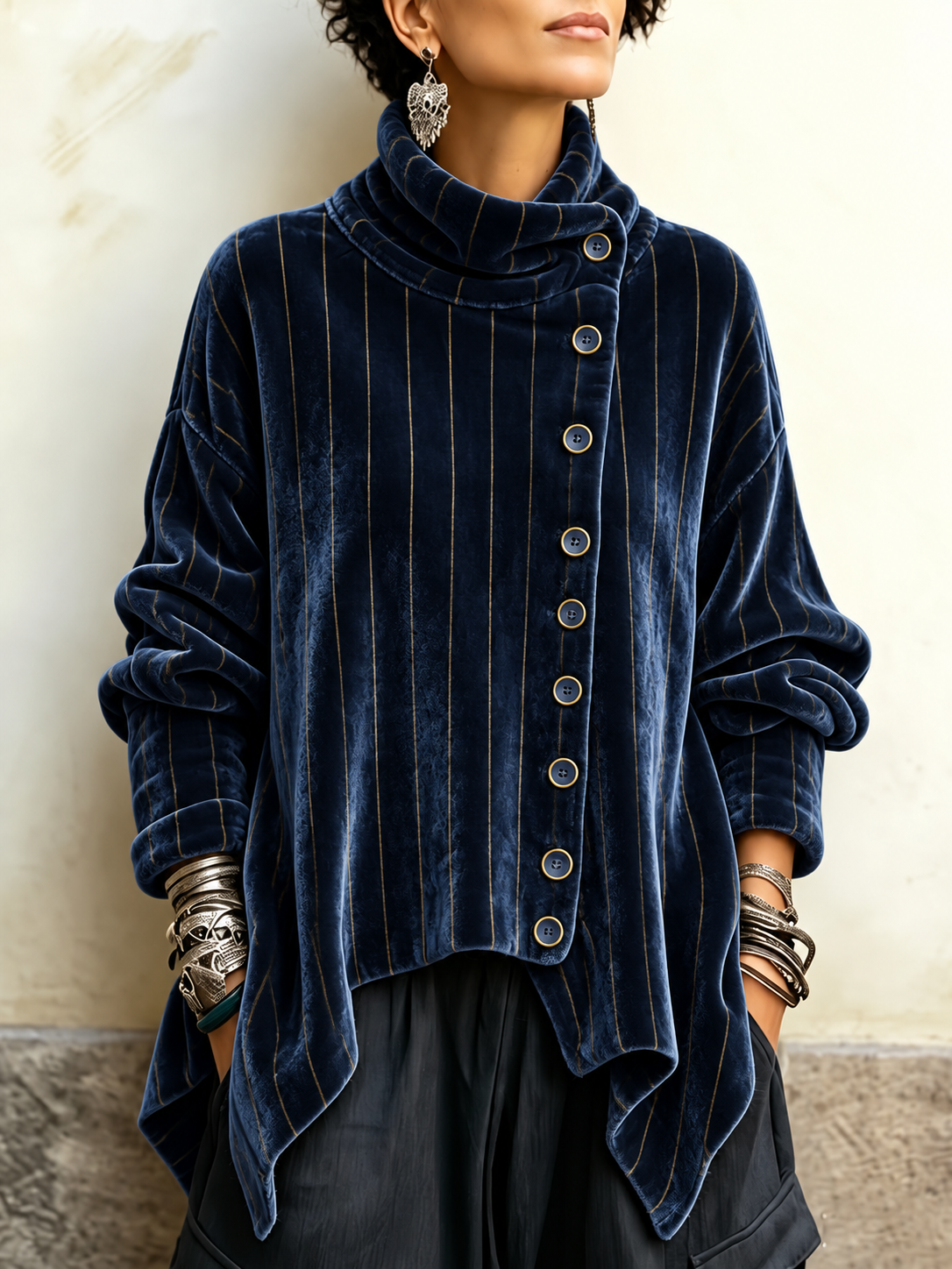 Midnight Navy Striped Crushed Velvet Asymmetric Button Tunic with Funnel Neck