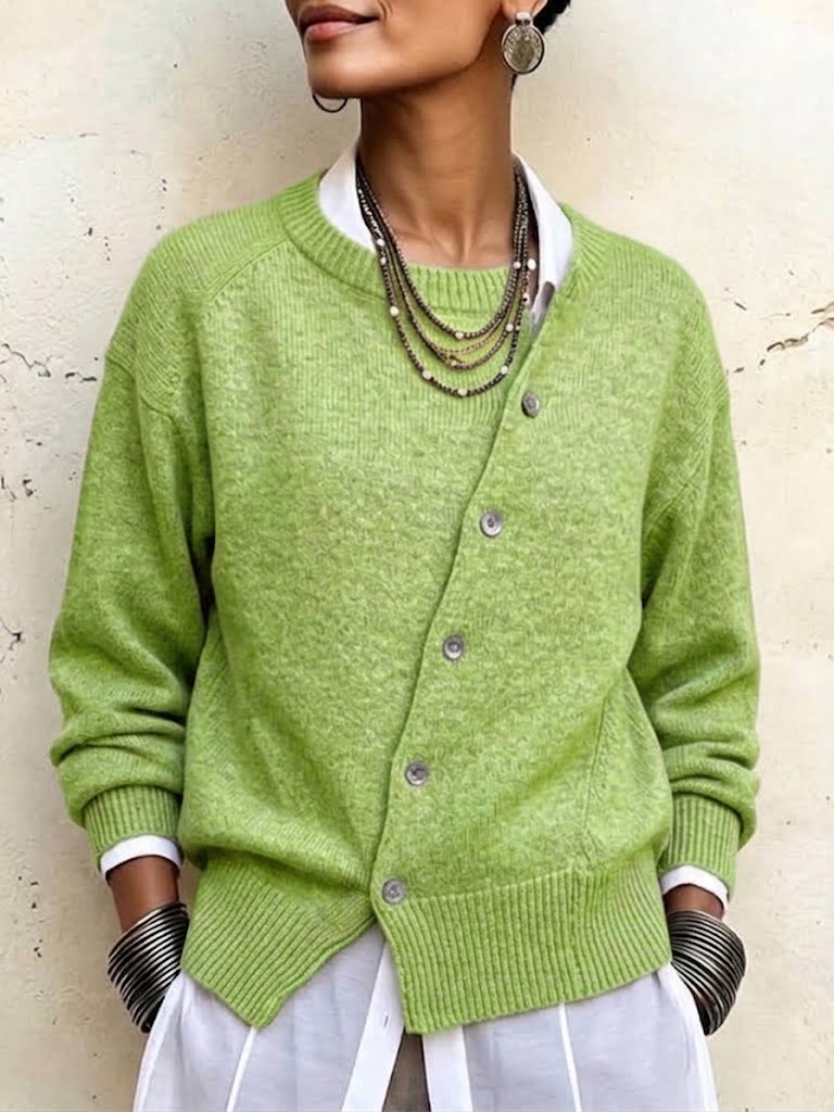 Asymmetric Button-fastening Irregular-design Crew-neck Knit Jacket