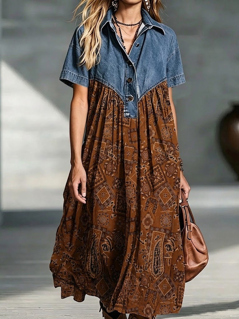 Vintage-style Patchwork Denim Midi Shirt Dress Featuring A Paisley Print.