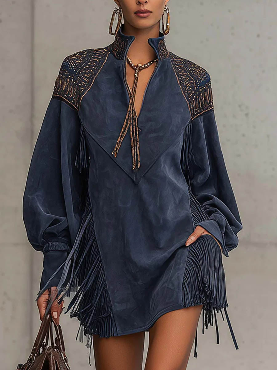 Bohemian V-Neck Fringe Trim Long Sleeve Tunic Dress