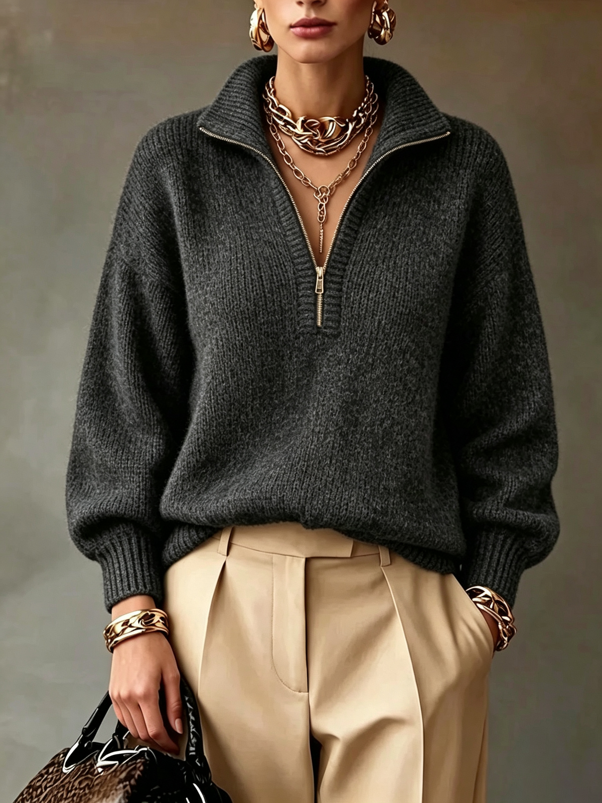 Half Zip Collar Relaxed Knit Sweater