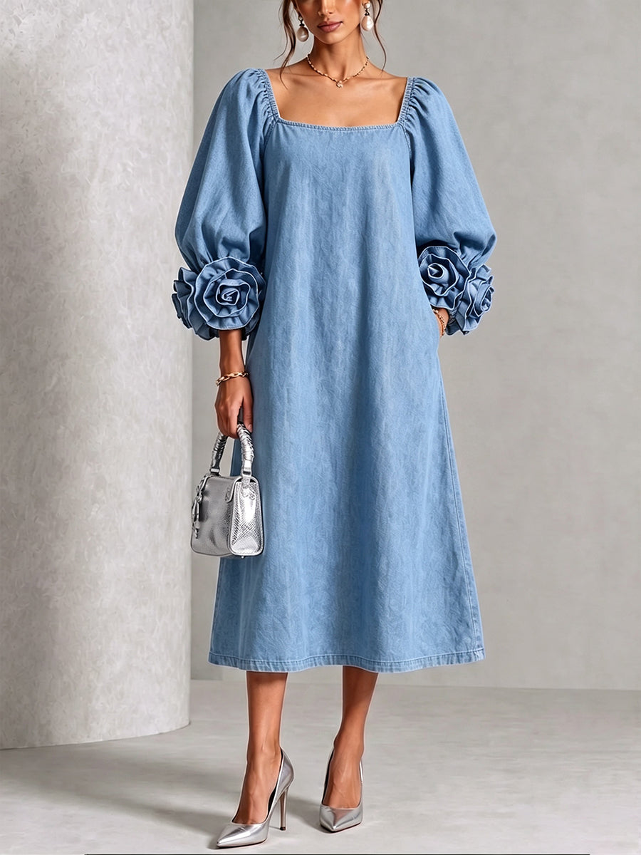 Chic Chambray Denim 3D Rosette Square-Neck Dress