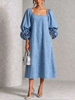 Chic Chambray Denim 3D Rosette Square-Neck Dress