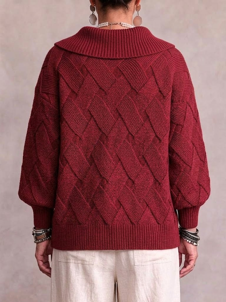 Asymmetric Collar Button‑decor Diamond‑weave Drop‑shoulder Loose Knit Pullover