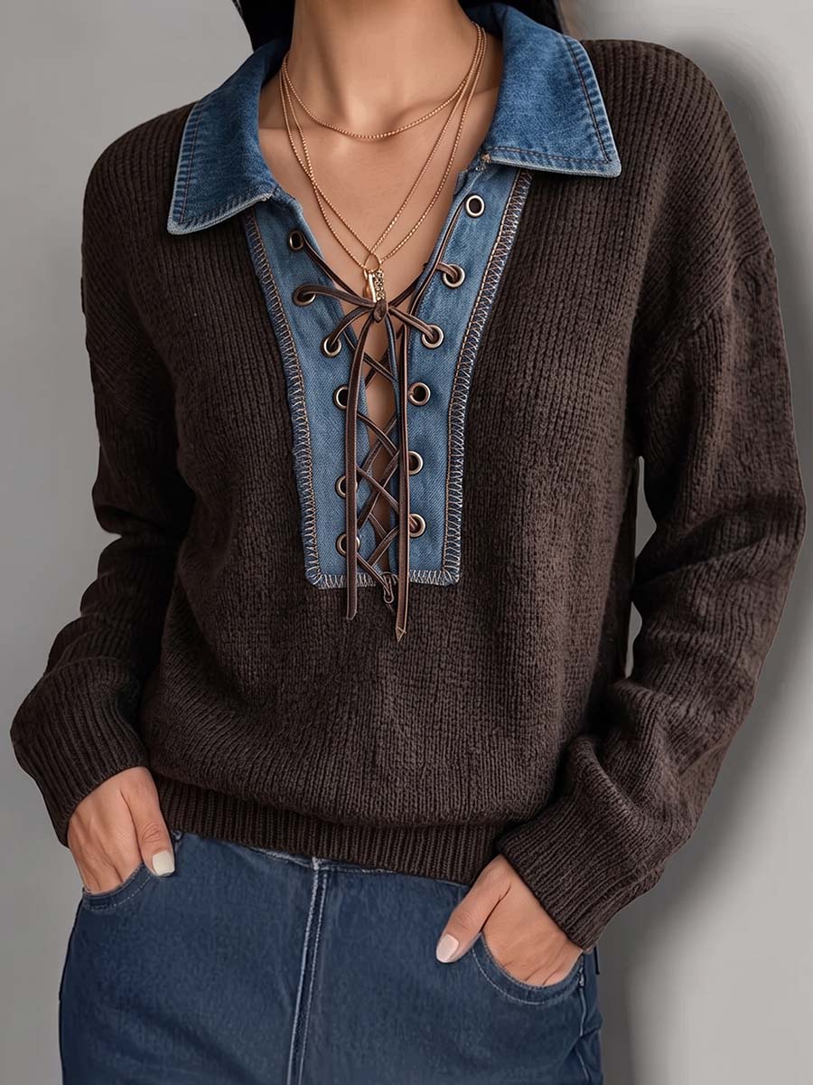 Women's Casual Loose-fit Long-sleeve Knit Top With Denim-style Collar And Tie-front Detail