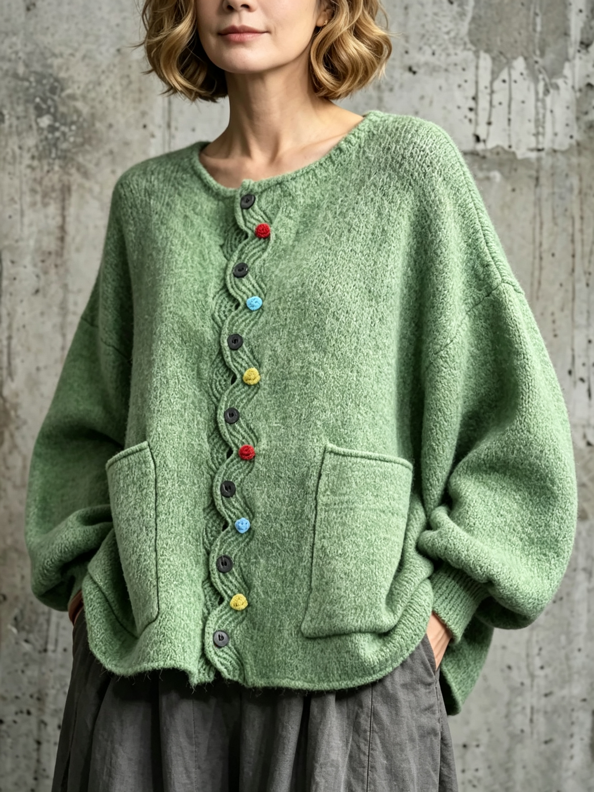 Loose-fit, Drop-shoulder Knit Cardigan Featuring A Wavy Placket, Decorative Colorful Buttons, And Large Patch Pockets