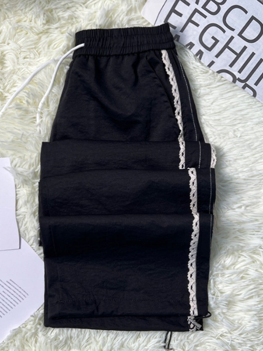 Casual Wide-leg Pants With Lace Trim And An Elastic Waist