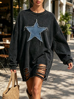 Casual Star-patch Distressed Oversized Sweatshirt Dress