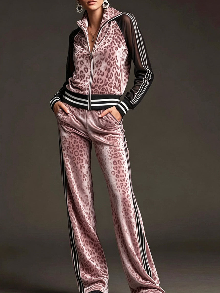 Women's Leopard Print Velvet Set: Long-sleeve Stand-collar Jacket With Mesh Paneling & High-waisted Wide-leg Pants (relaxed Fit)