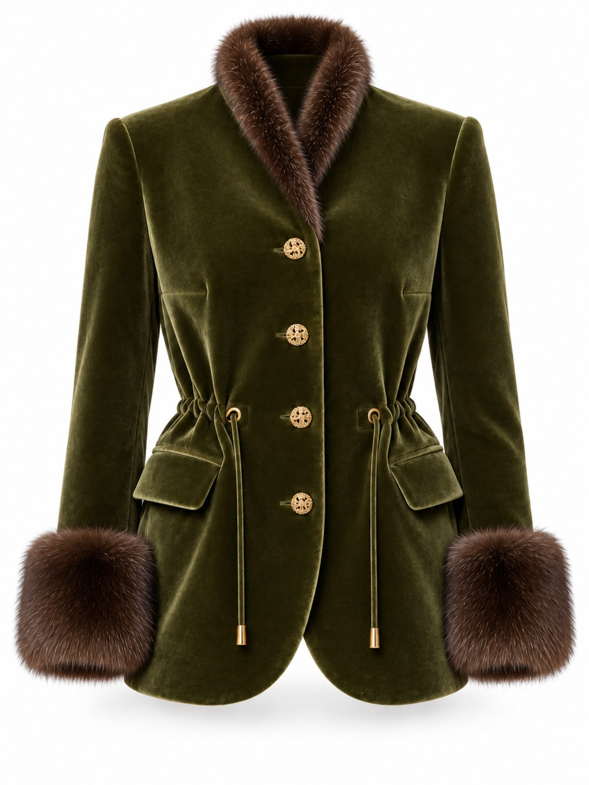 Fur-trimmed Velvet Waist Drawstring Jacket