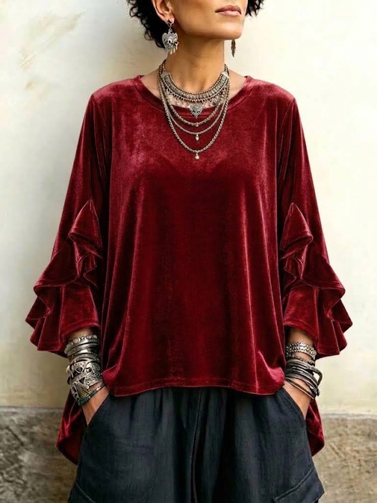 Velvet Ruffle-trim Flared-sleeve Crew-neck Top