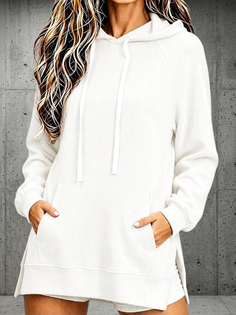 Oversized, Mid-length Corduroy Hooded Pullover With Pockets