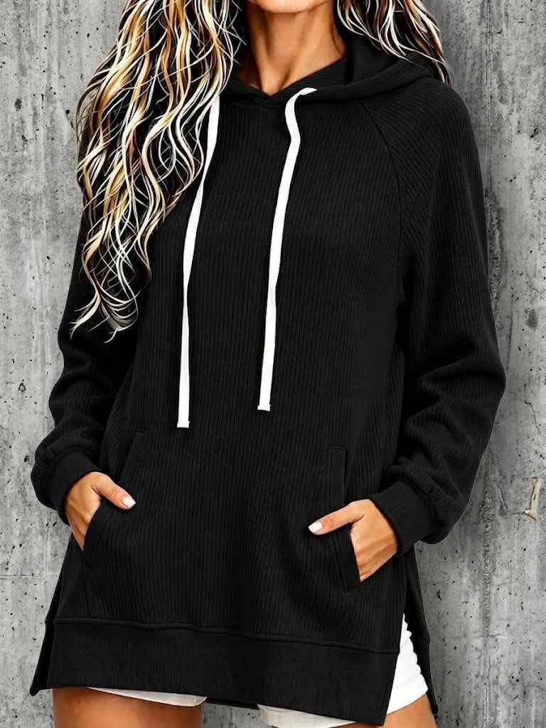Oversized, Mid-length Corduroy Hooded Pullover With Pockets