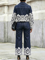 Casual Lace-print Cropped Denim Jacket