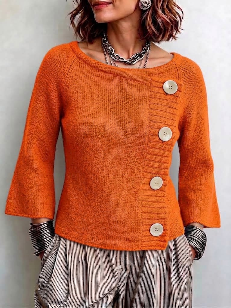 Boat-neck Knit Top With Diagonal Placket And Flared Sleeves