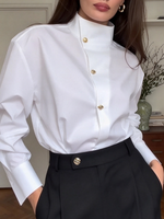 Elegant Professional Chic High Collar White Long-sleeve Shirt