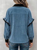 Color Contrast Collar Ruffle Corduroy Shirt Jacket