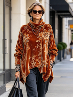 Elegant Floral Print Asymmetric Velvet Top