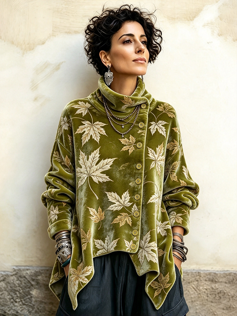 Chic Maple Leaf Print Velvet Asymmetric Fall Winter Pullover Top