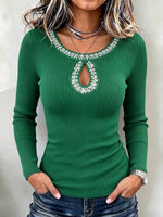 Rhinestone-embellished Ribbed Knit Top