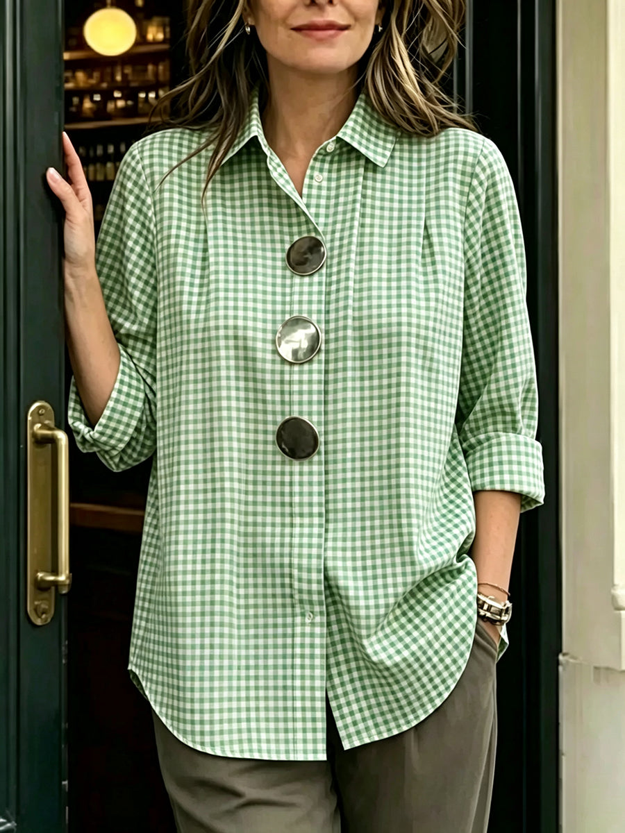 Retro Casual Plaid Cotton Shirt With Decorative Metal Buttons