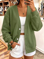 Women's Solid Color V-neck Long-sleeved Casual Loose Cotton Cardigan